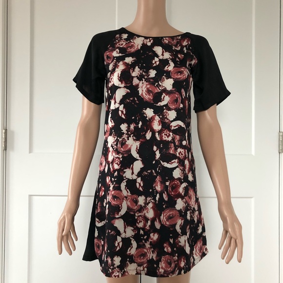 Boohoo Short Sleeve Black Pink Floral Mini Dress Cover Up XS 2 - Picture 5 of 7